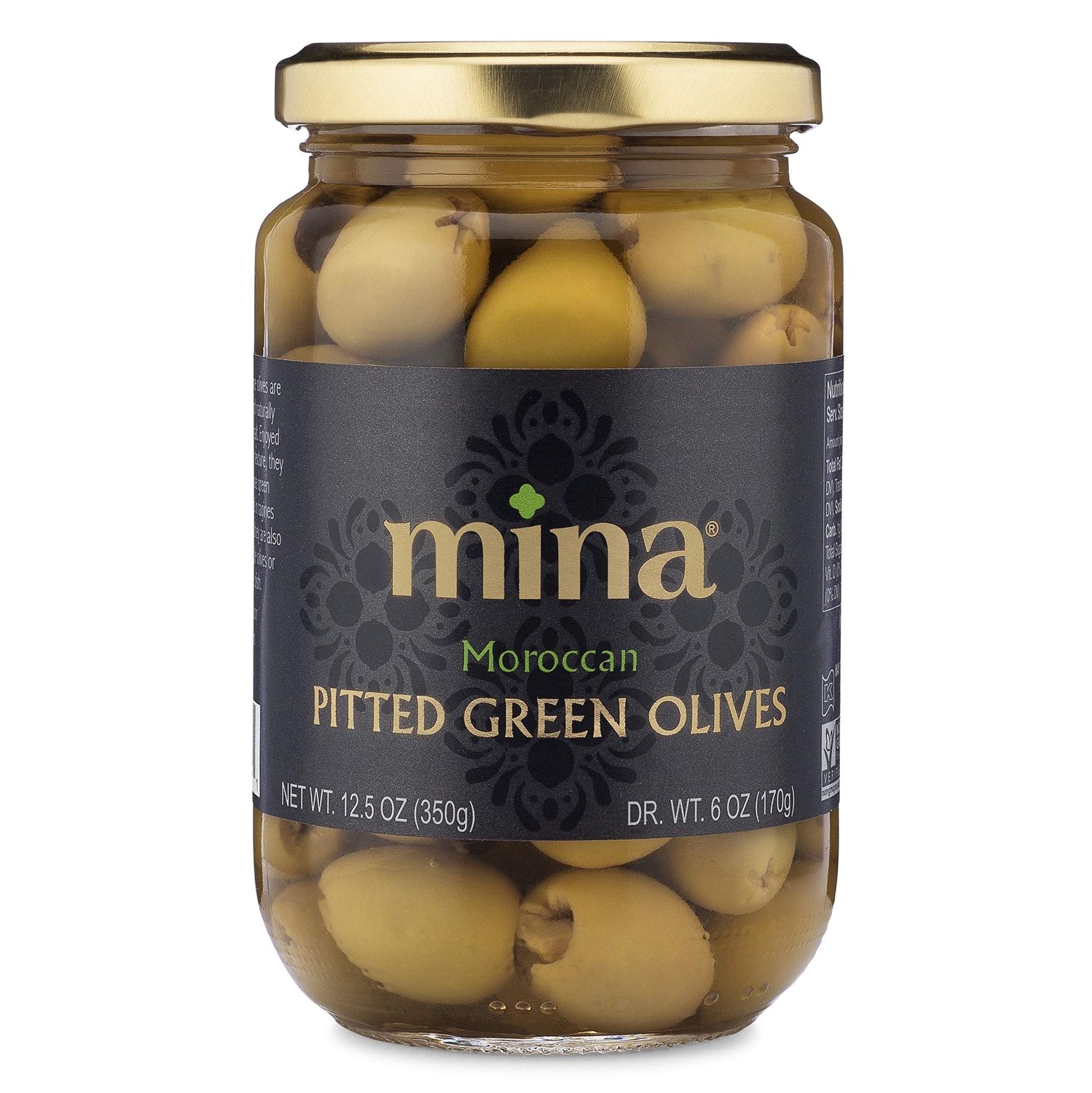 Mina Green Olives Pitted, 12.5 oz - Delicious Pitted Green Olives, Keto and Paleo Snack, Premium Hand Picked Olives, Naturally Cured, Gluten Free, Low Carb, Vegan, Non GMO and Kosher