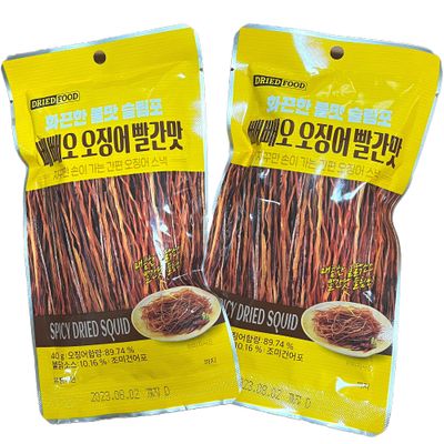 Korean Dried Squid Snack Spicy Seasoned Buldak Flavor, Sliced Thin Seafood Jerky 40g x 2 Pack