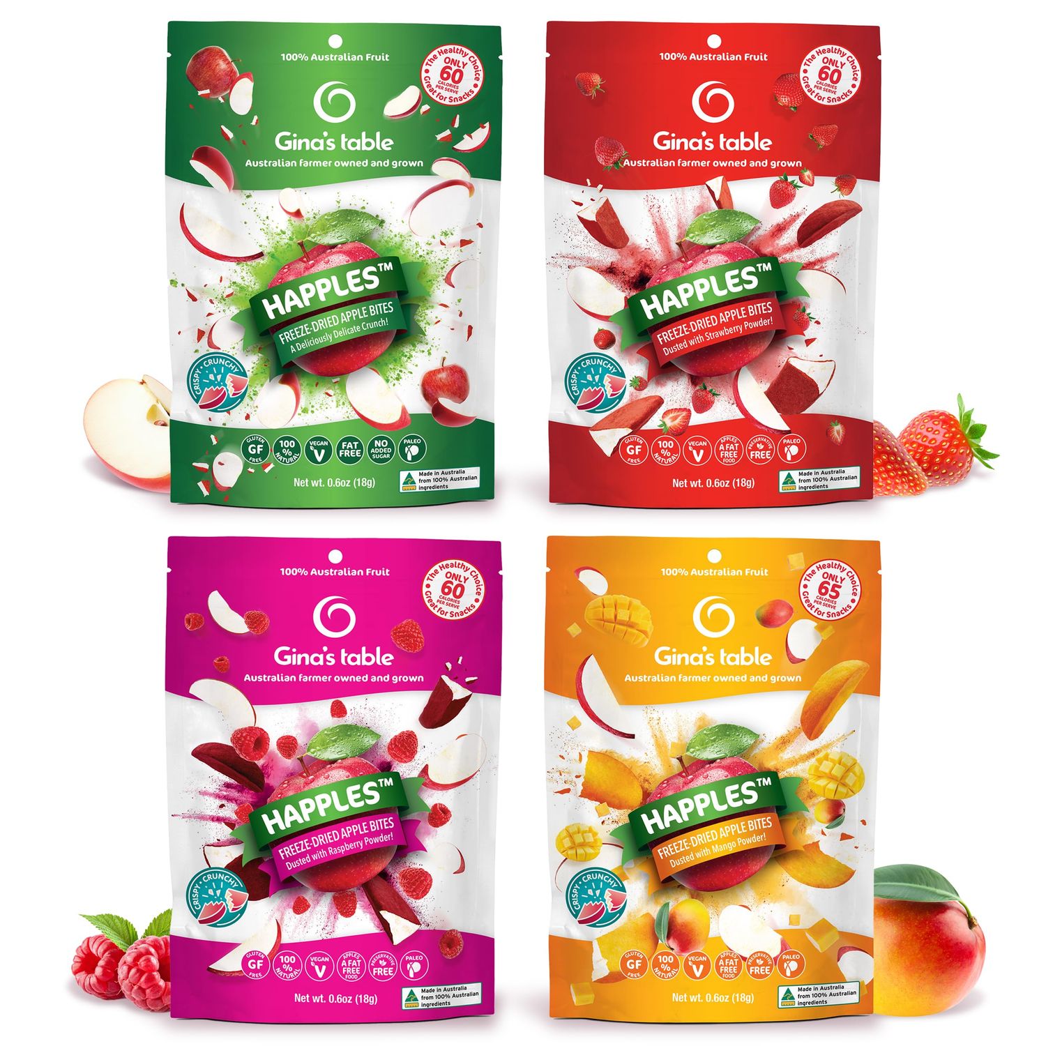 Happles Freeze Dried Apples Variety Pack with Mango, Raspberry, &amp; Strawberry Fruit Powder - 100% Natural, No Added Sugar, Healthy Low Calorie Apple Crisps Snack, No Artificial Flavours (4 Pack)
