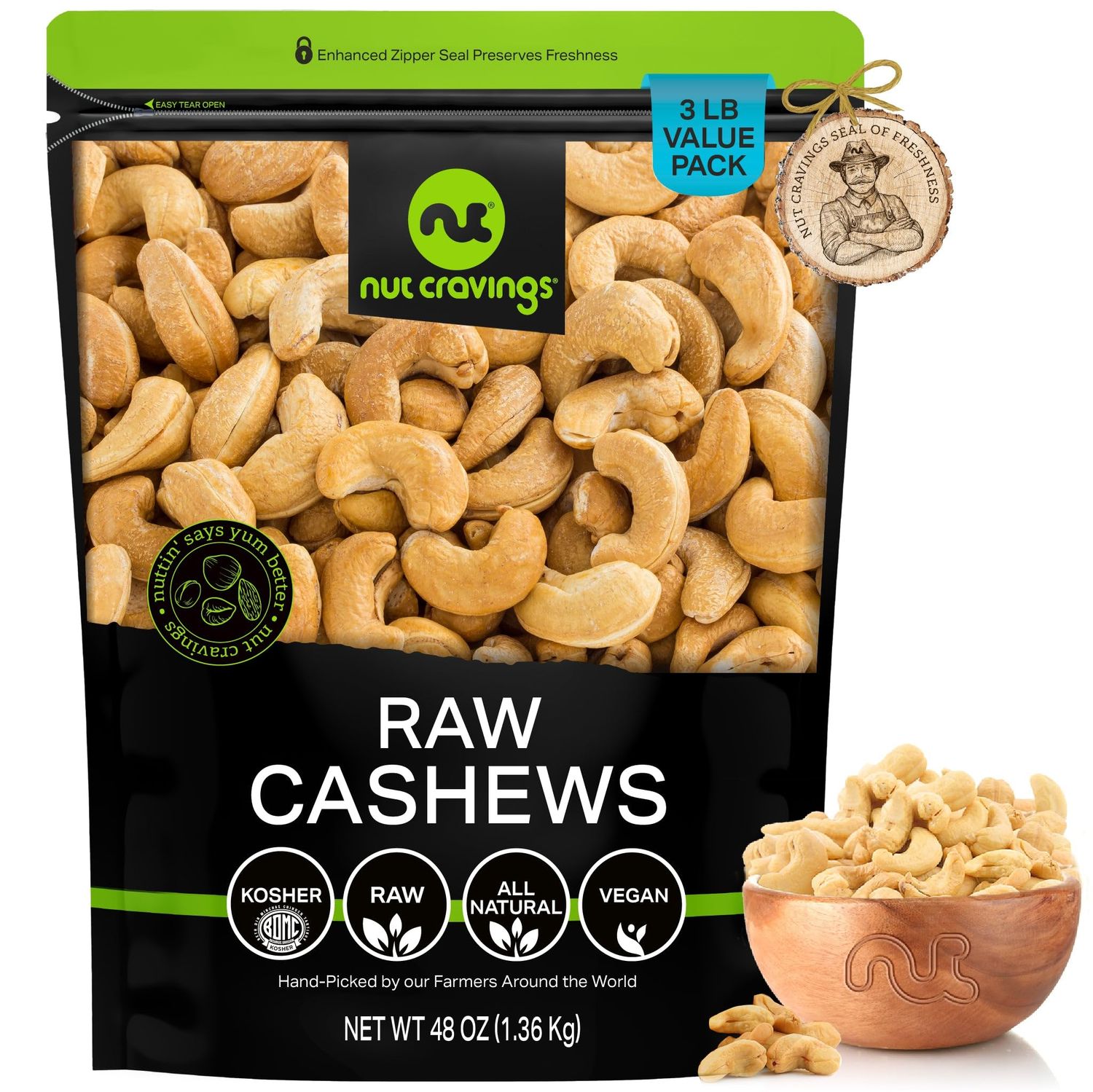 NUT CRAVINGS - Raw Whole Cashews, Unsalted, Shelled, (48oz - 3 LB) Bulk Nuts Packed Fresh in Resealable Bag - Kosher Healthy Snack, Natural Keto Vegan -