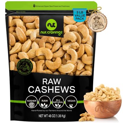 NUT CRAVINGS - Raw Whole Cashews, Unsalted, Shelled, (48oz - 3 LB) Bulk Nuts Packed Fresh in Resealable Bag - Kosher Healthy Snack, Natural Keto Vegan -