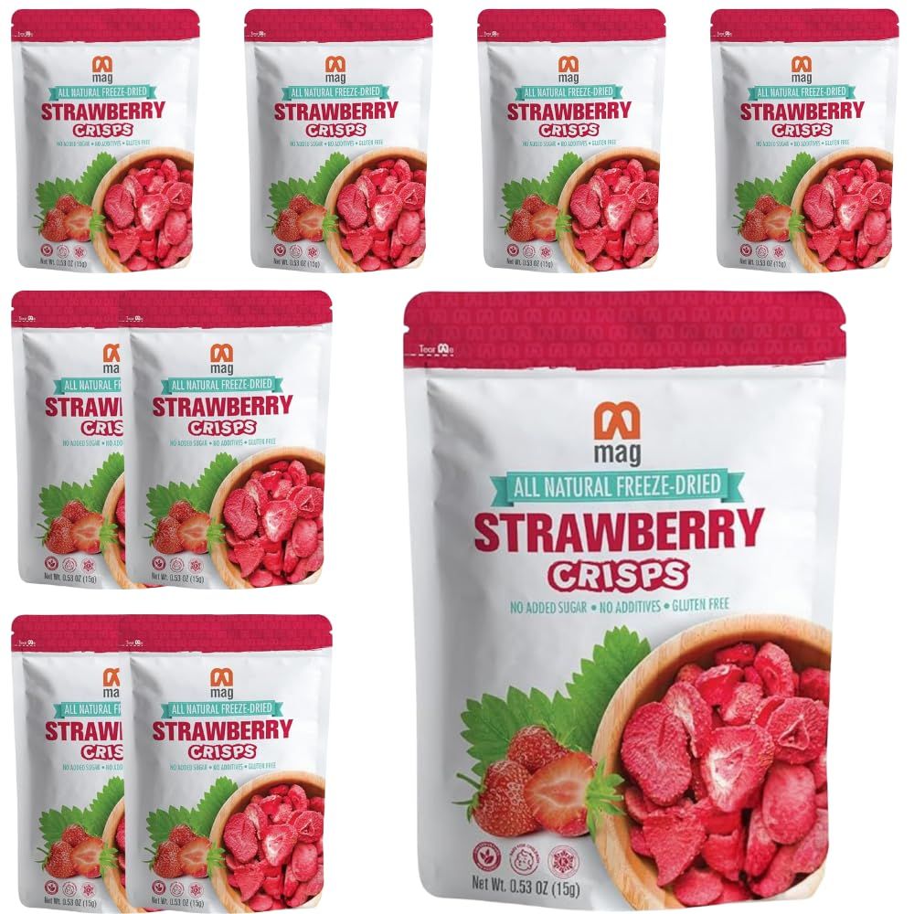 MAG Freeze Dried Strawberries Fruit Dehydrated Strawberry Slices No Sugar Added Healthy Snacks For Kids Kosher Fruits Chruncy School Snack Vegan Chips For Backpackers And Travel Pack of 8 0.53 Oz Each