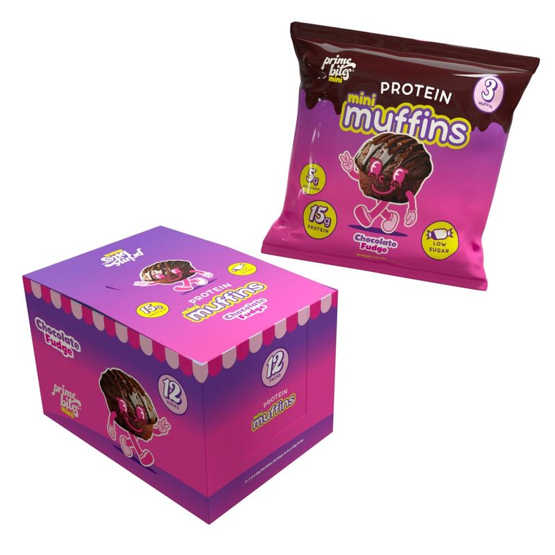 Prime Bites Minis  Protein Mini Muffins from Alpha Prime Supplements  High Protein, Collagen Fortified Low Sugar Treat  Delicious Snack  12 Packs per Box - Chocolate Fudge