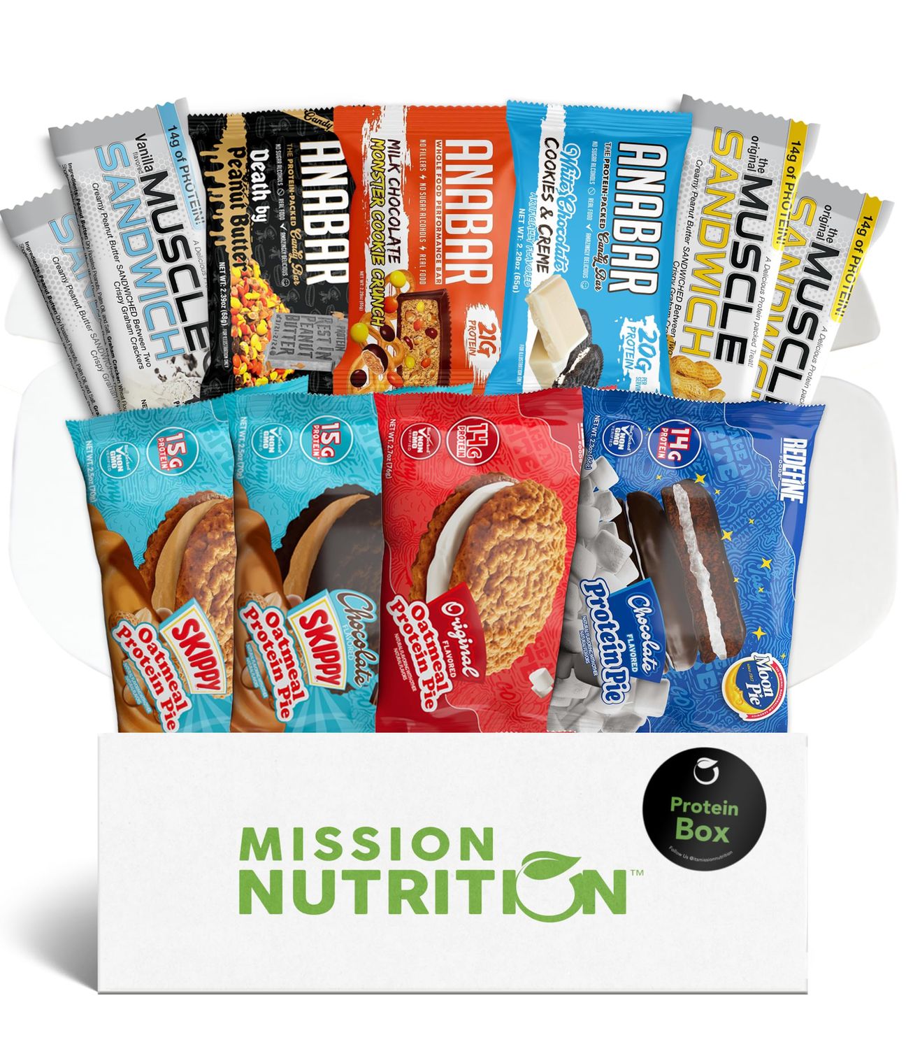 Redefine Oatmeal Protein Pie, Protein Moon Pie, Anabar Protein Bars, Muscle Sandwich - Delicious High Protein Snack Box by Mission Nutrition (11 Total Snacks) Gift Box