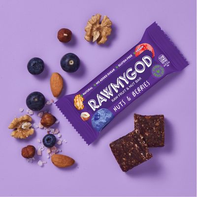 RAWMYGOD Fruit and Nut Bars, Gluten Free, Vegan, No Added Sugar (16 bars, Nuts &amp; Berries)