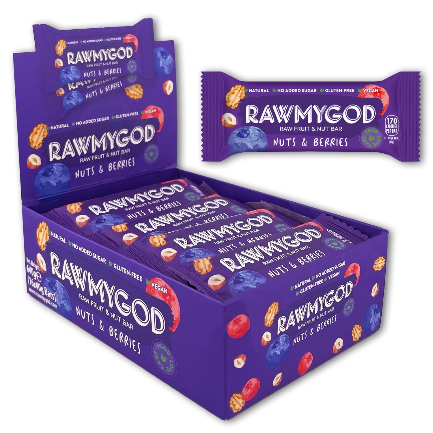 RAWMYGOD Fruit and Nut Bars, Gluten Free, Vegan, No Added Sugar (16 bars, Nuts &amp; Berries)