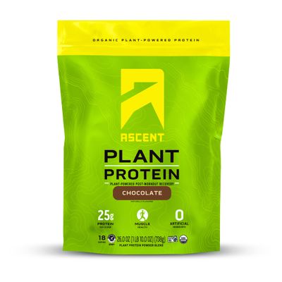 Ascent Plant Based Protein Powder - Non Dairy Vegan Protein, Zero Artificial Ingredients, Soy &amp; Gluten Free, No Added Sugar, 4g BCAA, 2g Leucine - Chocolate, 18 Servings