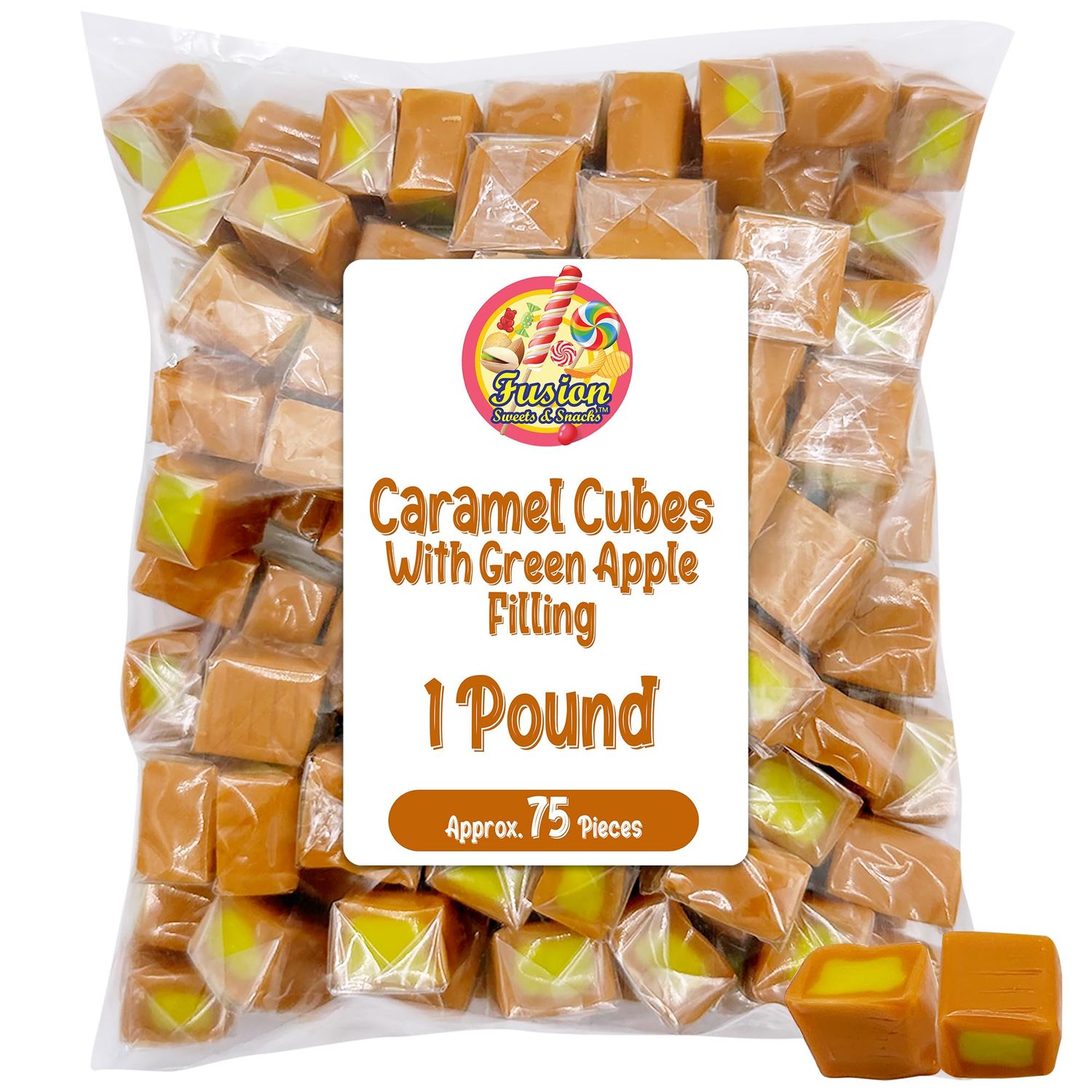 Caramel Cubes Candy Green Apple Filling - 1 Pound Bulk Bag -Individually Wrapped, Caramel Chews Soft Classic Chewy Candy, For all Holidays And Any Occasion. (Approx 75 Count).