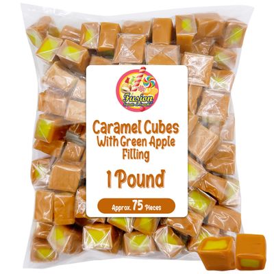 Caramel Cubes Candy Green Apple Filling - 1 Pound Bulk Bag -Individually Wrapped, Caramel Chews Soft Classic Chewy Candy, For all Holidays And Any Occasion. (Approx 75 Count).