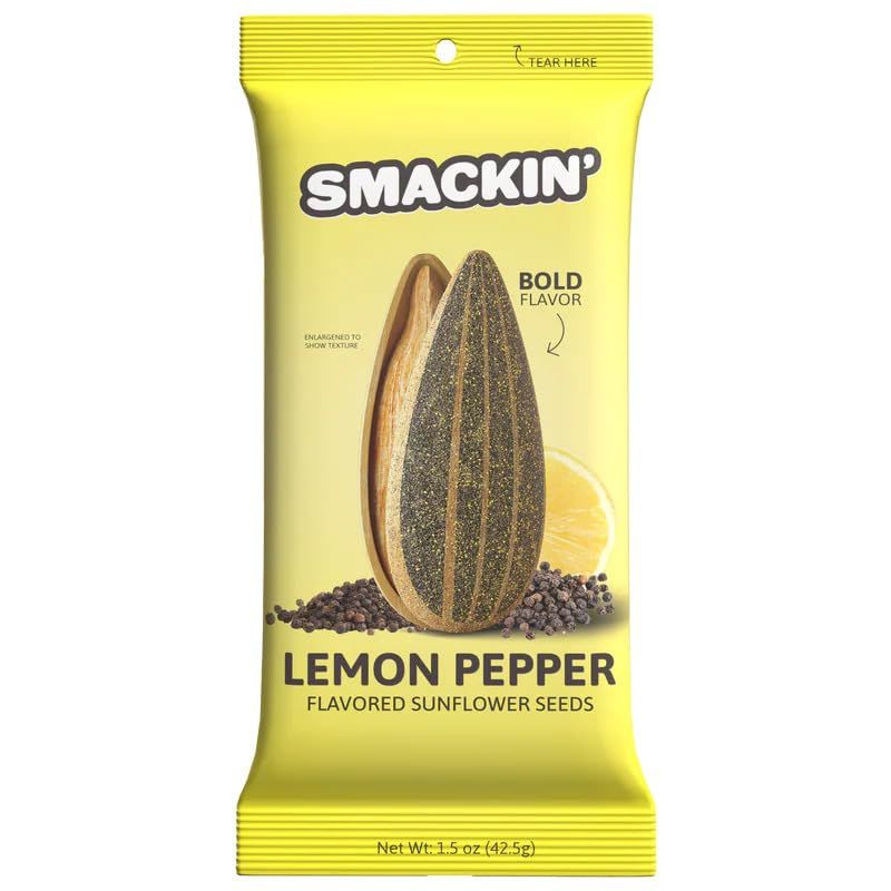 SMACKIN&#39; Sunflower Seeds, Roasted Jumbo Small-Batch, American Made - Lemon Pepper. 1.5oz bags (36 Pack)