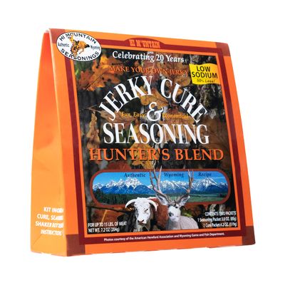 Hi Mountain Jerky Seasoning and Cure Kit  LOW SODIUM HUNTERS BLEND  Create Savory Homemade Beef Jerky  Great for Beef, Deer, Elk, &amp; Venison  Mix will Season up to 15lbs. of Meat (1 Box)