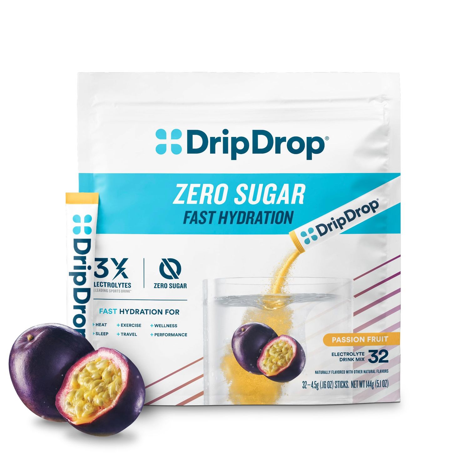 DripDrop Sugar Free Hydration Packets - Zero Passion Fruit - Single Serve Electrolytes Powder Drink Mix - Non-GMO, Gluten Free, Vegan - 32 Sticks