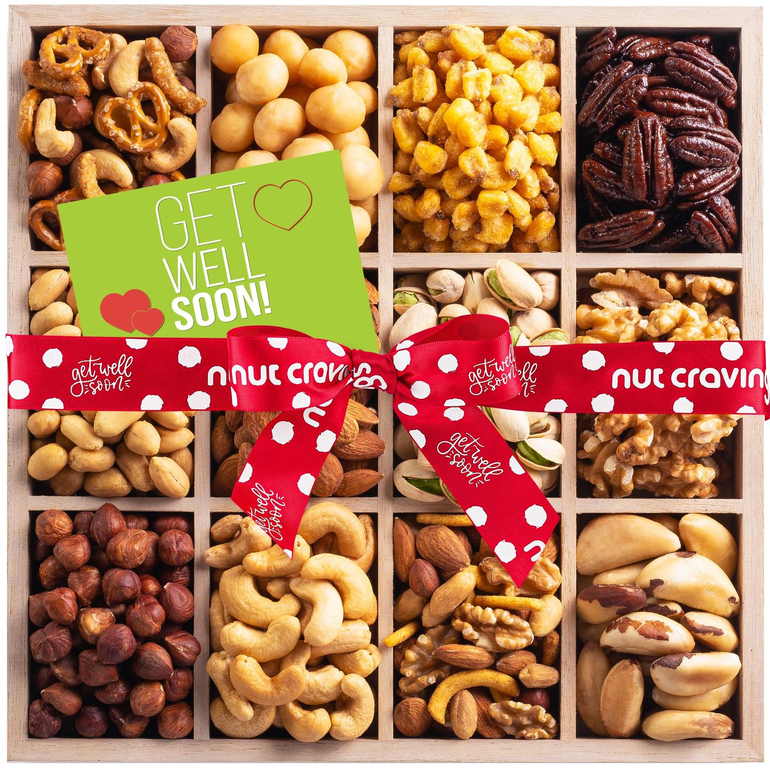 NUT CRAVINGS Gourmet Collection - Get Well Soon Nuts Gift Basket with Get Well Soon Ribbon in Reusable Wooden Tray (12 Assortments) Care Package Variety, Kosher Snack Box