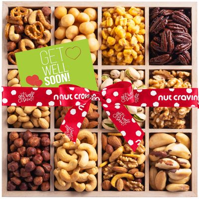 NUT CRAVINGS Gourmet Collection - Get Well Soon Nuts Gift Basket with Get Well Soon Ribbon in Reusable Wooden Tray (12 Assortments) Care Package Variety, Kosher Snack Box