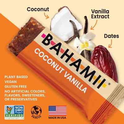 Bahamii - Almond & Date Bars (Coconut Vanilla) - Healthy Snack Bars with Dates - Non-GMO, Gluten-Free, Plant-Based, Kosher, and No Sugar Added Fruit and Nut Bars - Simple Ingredient Snack (12-Pack)