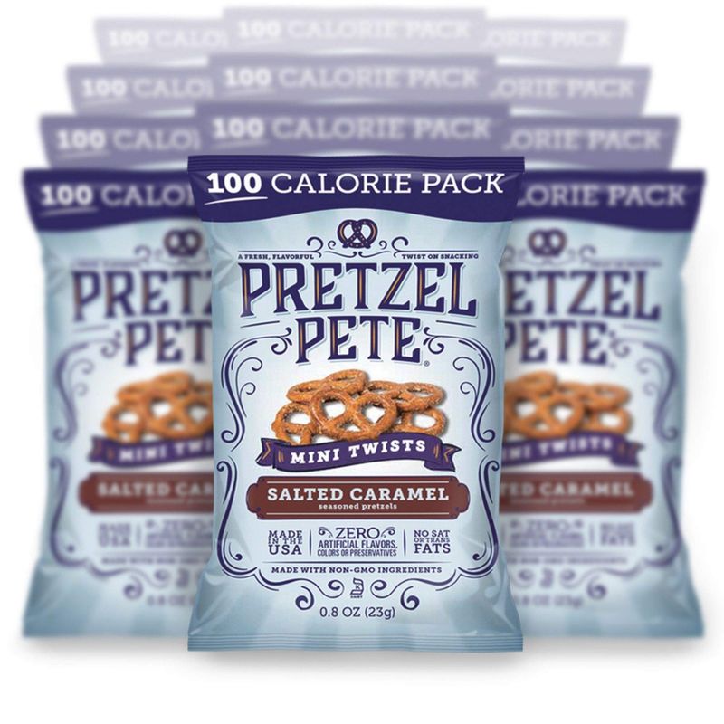 Pretzel Pete Salted Caramel Seasoned Mini Twist Pretzels, 100 Calories, Non-GMO, Small Batch, Bold Flavor, 0.8oz (24 Pack)