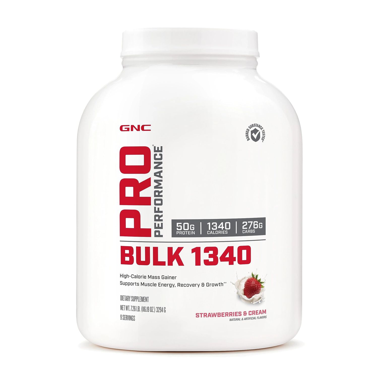 GNC Pro Performance Bulk 1340 Mass Gainer Protein Powder  50g, 1340 Calories, Gluten Free  Banned Substance Tested Mass Gainer  Supports Muscle Energy, Recovery and Growth  Strawberries and Cream