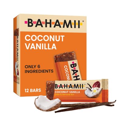Bahamii - Almond &amp; Date Bars (Coconut Vanilla) - Healthy Snack Bars with Dates - Non-GMO, Gluten-Free, Plant-Based, Kosher, and No Sugar Added Fruit and Nut Bars - Simple Ingredient Snack (12-Pack)