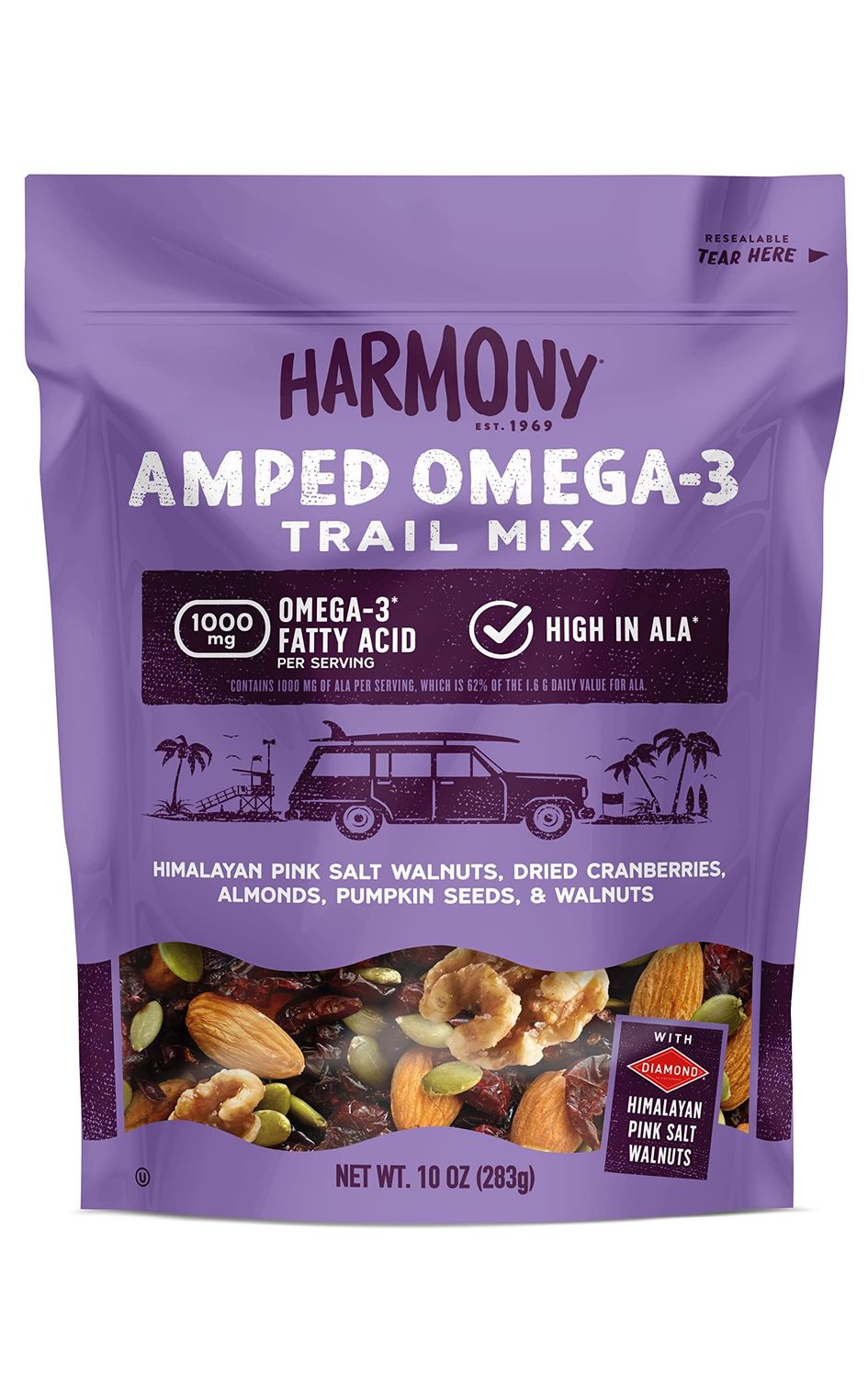 Diamond of California Harmony Amped Omega-3 Trail Mix with Mixed Nuts, Dried Fruit, Diamond of California Himalayan Pink Salt Walnuts, and Seeds, 10 oz, 1 Unit