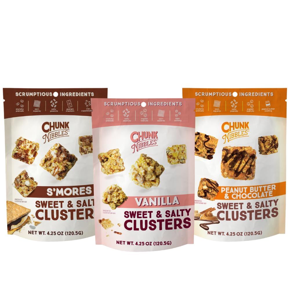 Chunk Nibbles Sweet and Salty Snacks  Variety Pack Snack Mix  Original, S&#39;mores, and Peanut Butter Chocolate Flavor  Sweet Treats for Kids and Adults  4.25oz  3 Resealable Packs