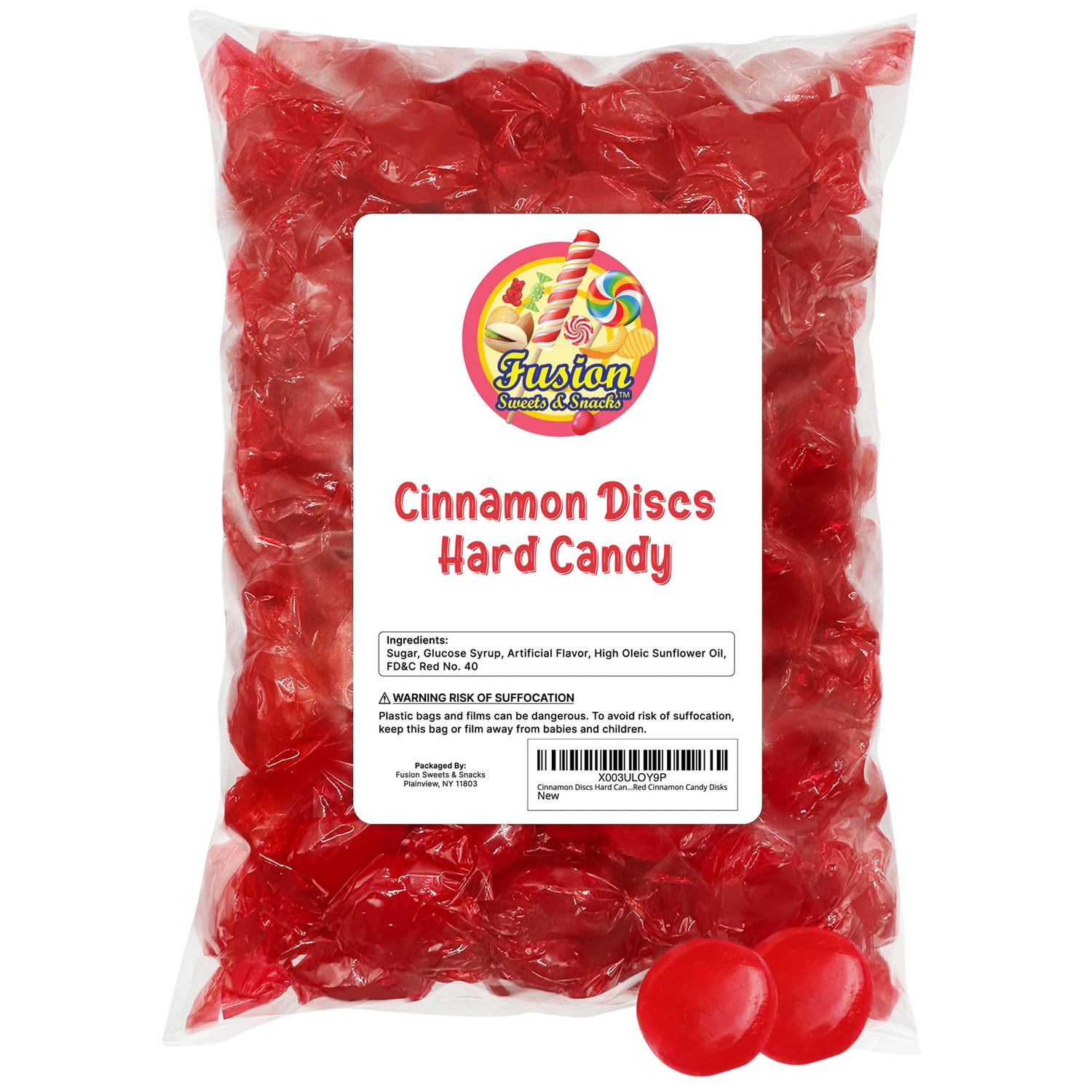 Cinnamon Discs Hard Candy - Bulk 2 Pounds Individually Wrapped Red Cinnamon Candy Disks (Approx 150 Pieces) - Holiday Bulk Cinnamon Candy