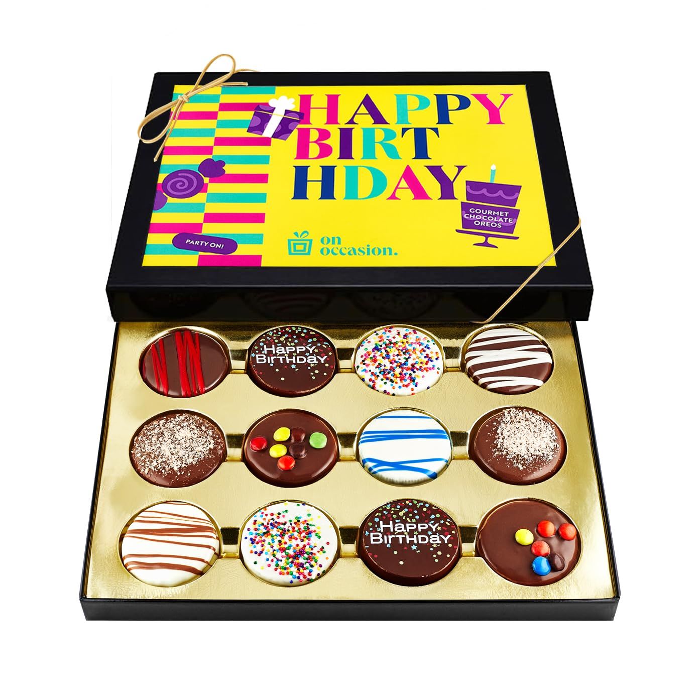 On Occasion Happy Birthday Cookies Gift Basket - Chocolate Covered Cookie Gift Box - Birthday Gifts for Men and Women - Kosher Happy Birthday Treats - 12 Count