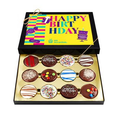 On Occasion Happy Birthday Cookies Gift Basket - Chocolate Covered Cookie Gift Box - Birthday Gifts for Men and Women - Kosher Happy Birthday Treats - 12 Count