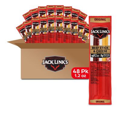 Jack Links Original Beef &amp; Cheese Combo, Classic Snack Pack, Beef Stick Made with 100% and Contains Real Wisconsin Cheese, 8g Protein, Individually Wrapped Snacks - 1.2 Ounce (Pack of 48)