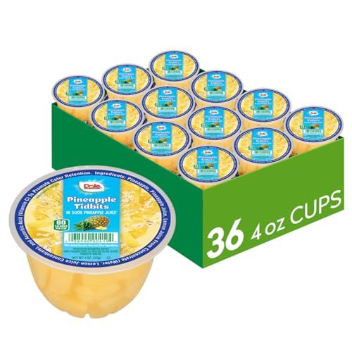 Dole Fruit Bowls Pineapple Tidbits in 100% Juice Snacks, 4oz 36 Total Cups, Gluten &amp; Dairy Free, Bulk Lunch Snacks for Kids &amp; Adults