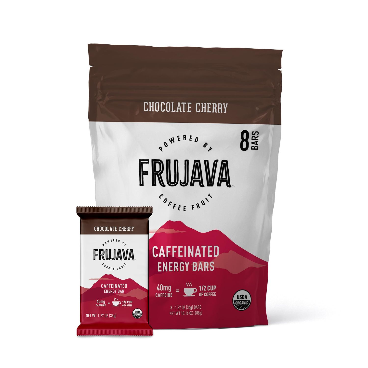 Frujava Organic Caffeinated Energy Bars - Chocolate Cherry - Powered By Coffee Fruit - 40mg of Natural Caffeine - Plant Based, Gluten-Free (Pack of 8)