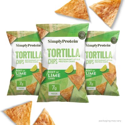 Simply Protein - Tortilla Chips, Restaurant Style Protein Chips, Hint of Lime (3-Pack) - 7g Protein, 140 Calories, Gluten Free, Vegan - Crispy Plant Based Pea Protein Snacks - 3 Bags, 4.58oz (130g)