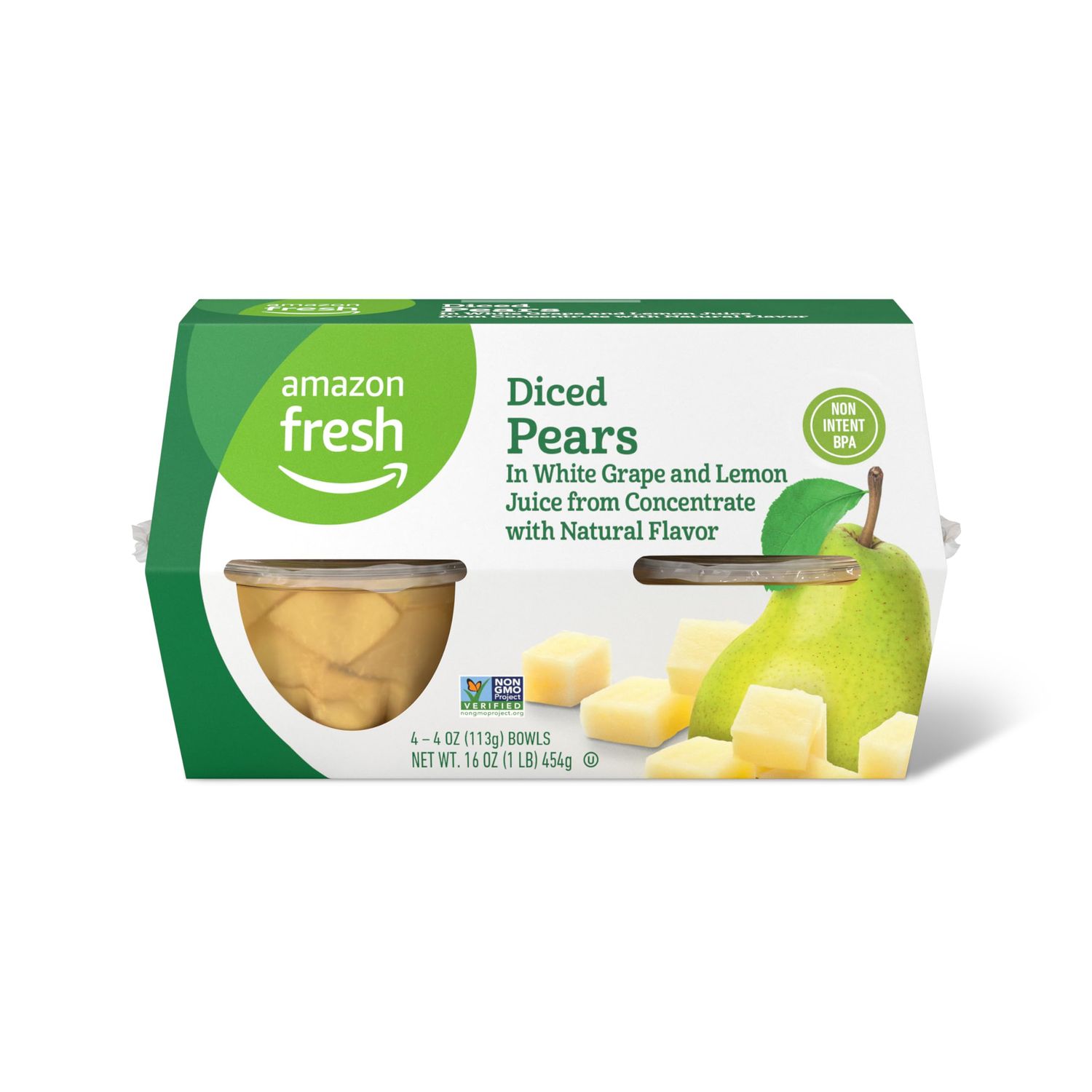 Amazon Fresh, Diced Pears in White Grape and Lemon Juice, 4 Oz Bowls (Pack of 4) (Previously Happy Belly, Packaging May Vary)