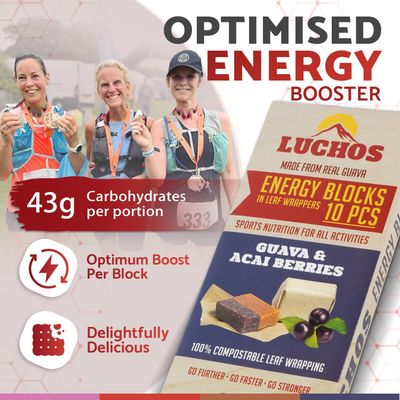 LUCHOS Natural High Energy Bars Power Blocks for Sports, Endurance, Running, Hiking, Cycling, Pre Workout Healthy Snacks, High Carb, Vegan and Gluten Free, Guava and Acai Berry, 10 Pieces