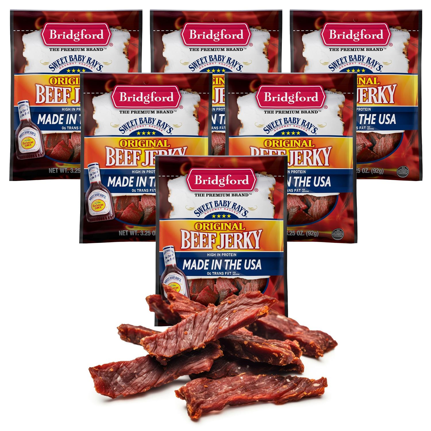Bridgford Sweet Baby Rays Beef Jerky Original 3.25 oz Pack of 6 - Healthy High Protein Beef Jerky for Your Dietary Preferences - Ready-to-Eat Snacks for On-the-Go Snacking and Busy Lifestyles