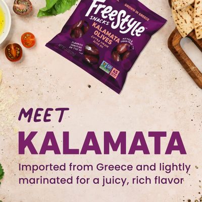 Freestyle Snacks Olive Snack Packs - 24 Pack Variety - Original Green, Hot &amp; Spicy, Lemon Garlic, and Kalamata - Grown in Greece, All Natural, Non-GMO, Paleo, Sugar-Free, Keto Snack, 1.1oz (24 Pack)