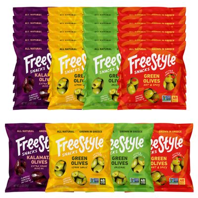 Freestyle Snacks Olive Snack Packs - 24 Pack Variety - Original Green, Hot &amp; Spicy, Lemon Garlic, and Kalamata - Grown in Greece, All Natural, Non-GMO, Paleo, Sugar-Free, Keto Snack, 1.1oz (24 Pack)