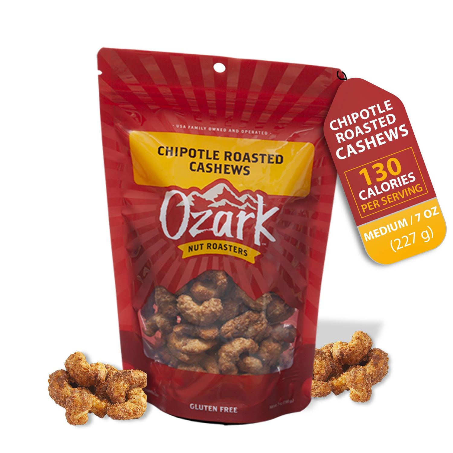 OZARK NUT ROASTERS, Chipotle Roasted Cashews with Spicy Kick, Flavored Snack Nuts, World-Class Gourmet Candied Peanuts, Resealable Pack (7.0 oz)