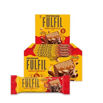 FULFIL Chocolate Peanut Butter Flavored Protein Bar Made with REESE&#39;s Peanut Butter, Gluten Free with 15g Protein, Pantry Staples, 12 Count