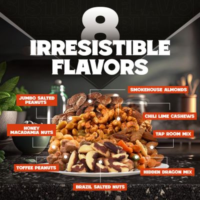 Nuts Gift Basket for Men - 8 Unique Flavors of Gourmet Nuts Include Cashews, Peanuts, Macadamia Nuts, and Almonds in an Assortment of Salted, Roasted, BBQ and, Candied Nuts - in a Manly Nuts Gift Box