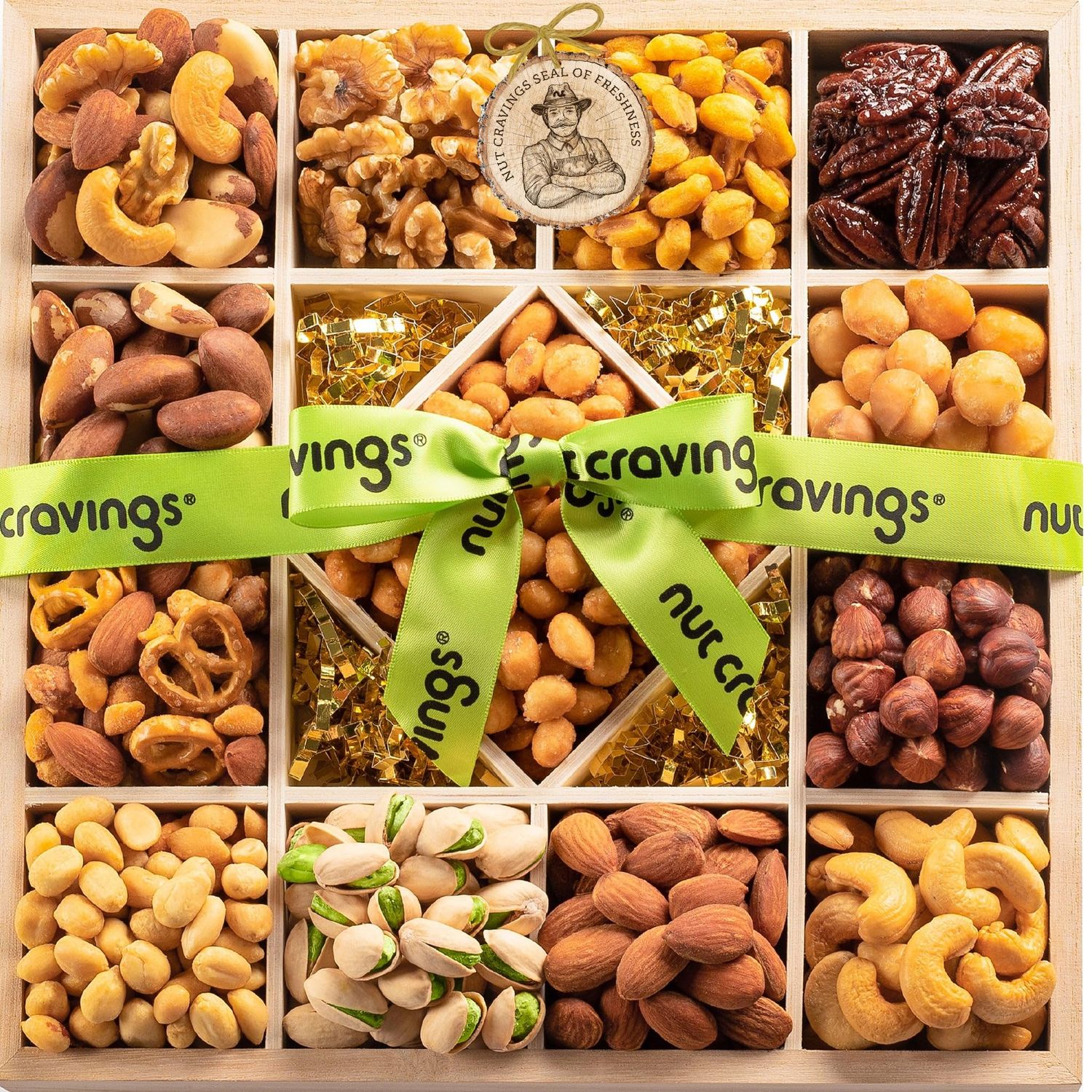NUT CRAVINGS Gourmet Collection - Easter Treats, Mixed Nuts Gift Basket in Reusable Diamond Wooden Tray  Green Ribbon (13 Assortments) Arrangement Platter, Healthy Kosher