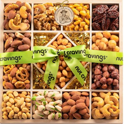 NUT CRAVINGS Gourmet Collection - Easter Treats, Mixed Nuts Gift Basket in Reusable Diamond Wooden Tray  Green Ribbon (13 Assortments) Arrangement Platter, Healthy Kosher