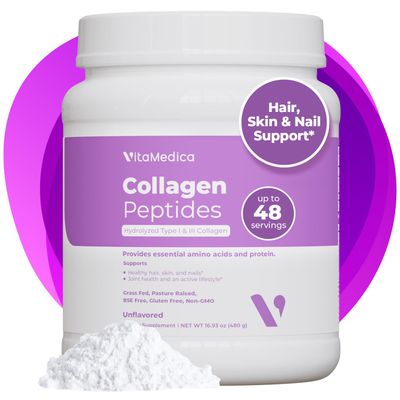 VitaMedica Collagen Peptides Powder for Women &amp; Men - Healthy Hair, Skin, Nails, Bones and Joints - Hydrolyzed Types I &amp; III, Grass-Fed, Pasture-Raised Protein, Zero Sugar - 48 Servings