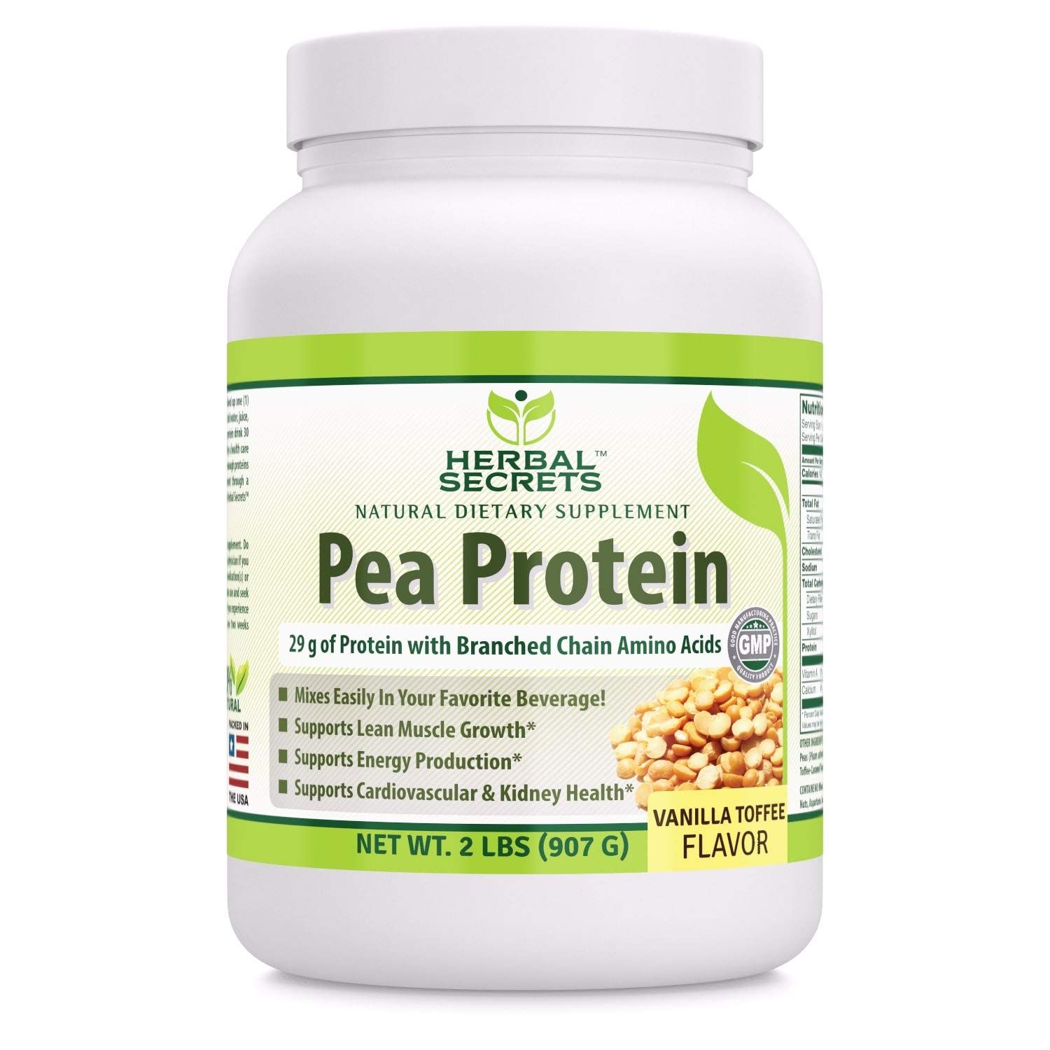 Herbal Secrets Pea Protein Powder Vanilla Toffee Flavor 2 lbs (Non-GMO) -Supports Energy Production and Muscle Growth - Promotes Heart and Kidney Function