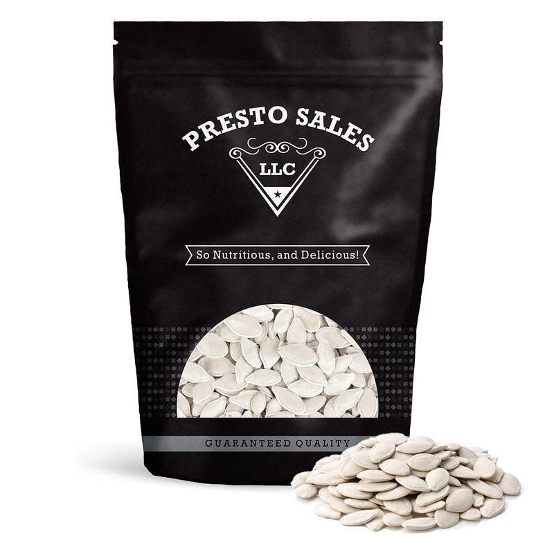 Pumpkin Seeds, Raw In shell Snow white, Oil Free, Healthy Snack, Crunchy, Delicious, Packed in a 1.5 lbs. (24 oz.) Resealable pouch bag by Presto Sales LLC