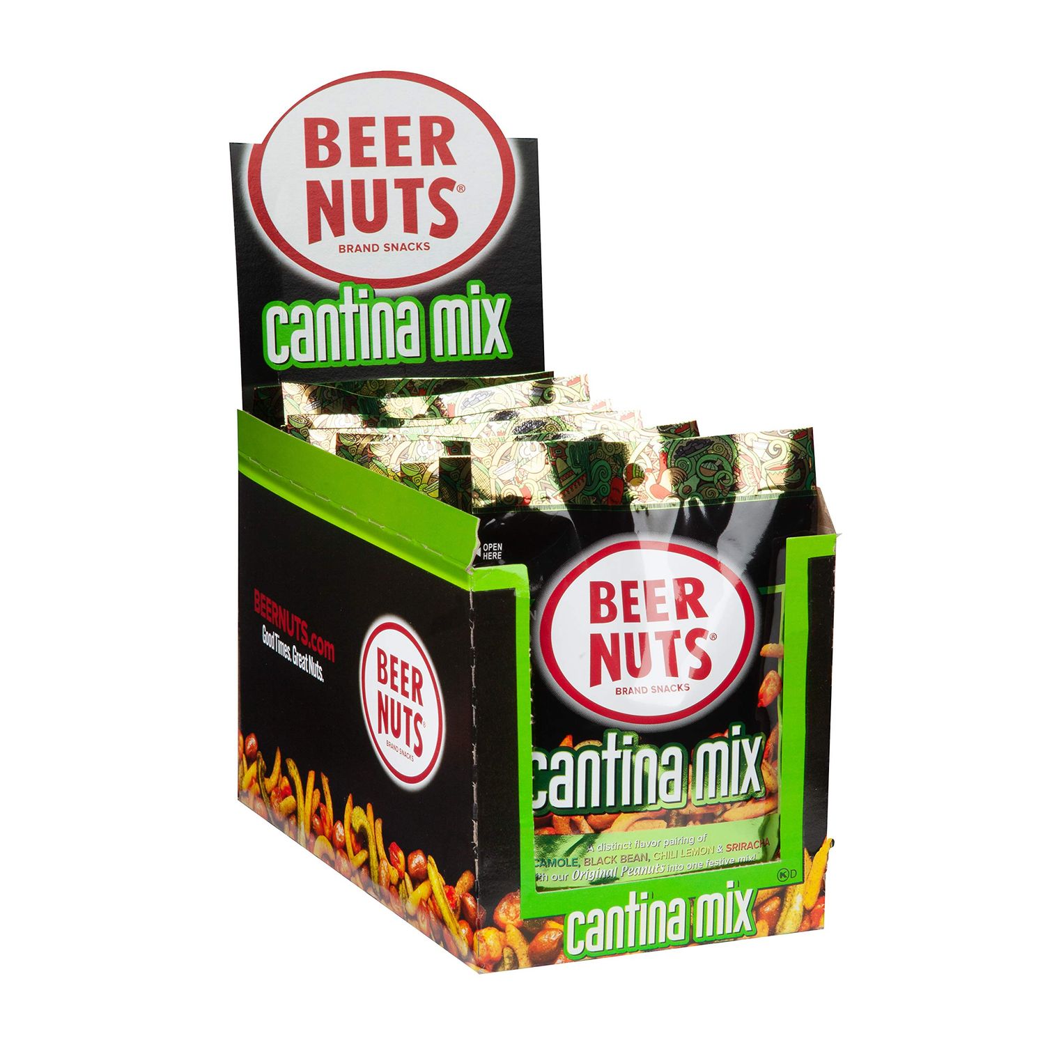 BEER NUTS Cantina Mix with Twang, Twang Seasoned Peanuts, Chili Lime Insane Grain, Guacamole &amp; Habanero Sticks, Individual Bags of 2oz Each (Pack of 12)