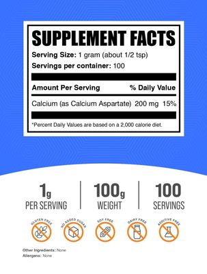 BulkSupplements.com Calcium Aspartate Powder - Calcium Supplement Powder, Essential Nutrient - Gluten Free, 1g per Serving, 100g (3.5 oz) (Pack of 1)