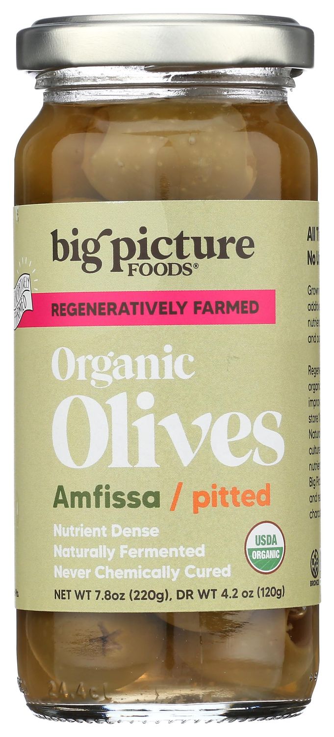 Big Picture Foods Amfissa Green Olives in Jar - Hand-Harvested, Regeneratively Grown, Pitted, and Flavorful! Ideal for Bread and Pizzas - Raw, Probiotic Superfood - Net Wt. 7.08oz (220g)