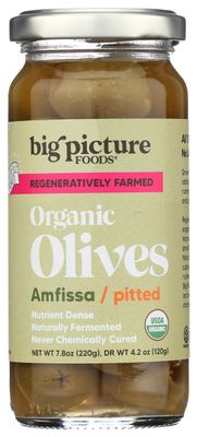 Big Picture Foods Amfissa Green Olives in Jar - Hand-Harvested, Regeneratively Grown, Pitted, and Flavorful! Ideal for Bread and Pizzas - Raw, Probiotic Superfood - Net Wt. 7.08oz (220g)