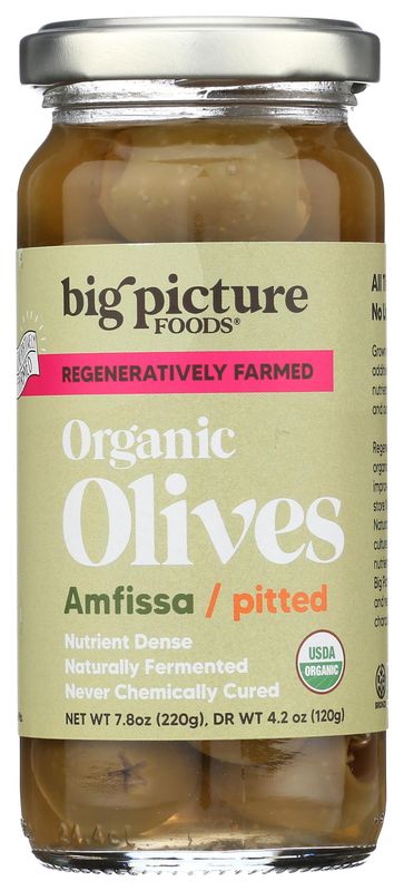 Big Picture Foods Amfissa Green Olives in Jar - Hand-Harvested, Regeneratively Grown, Pitted, and Flavorful! Ideal for Bread and Pizzas - Raw, Probiotic Superfood - Net Wt. 7.08oz (220g)
