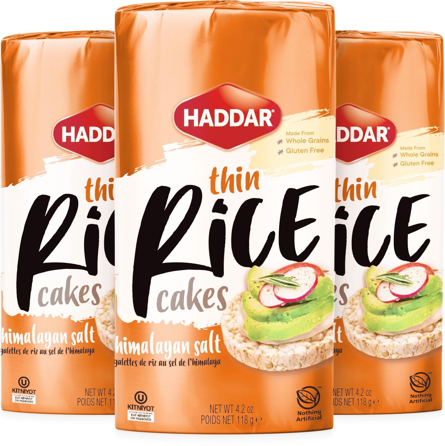 Haddar Wholegrain Thin Rice Cakes with Himalayan Sea Salt, 4.2oz (3 Pack)  Gluten Free  Made With Whole Grain Brown Rice  Vegan  Non GMO  Low Calorie  Zero Sugar  Kosher